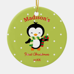 Baby's eerste kerstcadeautje pinguïn en poka dots keramisch ornament