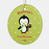 Baby's eerste kerstcadeautje pinguïn en poka dots keramisch ornament (Links)