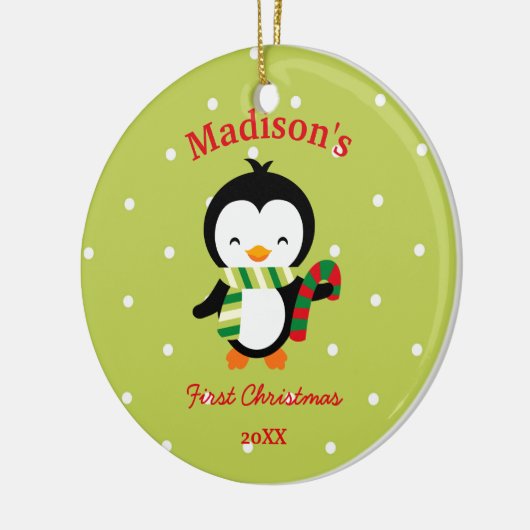Baby's eerste kerstcadeautje pinguïn en poka dots keramisch ornament (Links)