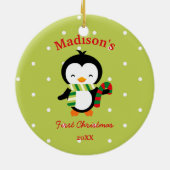 Baby's eerste kerstcadeautje pinguïn en poka dots keramisch ornament (Achterkant)