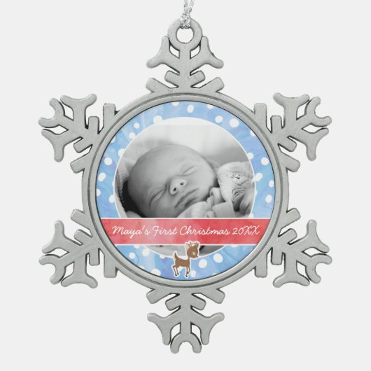 Baby's eerste kerstcadeautje Rudolph Tin Sneeuwvlok Ornament (Voorkant)