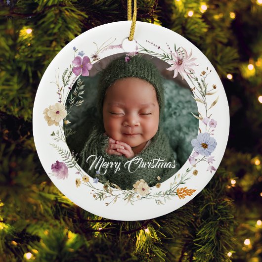 Baby's Eerste Kerstd Foto Botanisch Keramisch Ornament