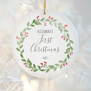Baby's Eerste Kerstdag Foto Krans Grijs Keramisch Ornament