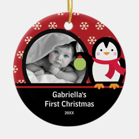 Baby's Eerste Kerstdag Foto Ornament Pinguïn (Voorkant)