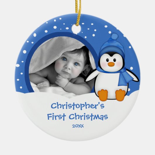 Baby's Eerste Kerstdag Foto Ornament Pinguïn (Voorkant)