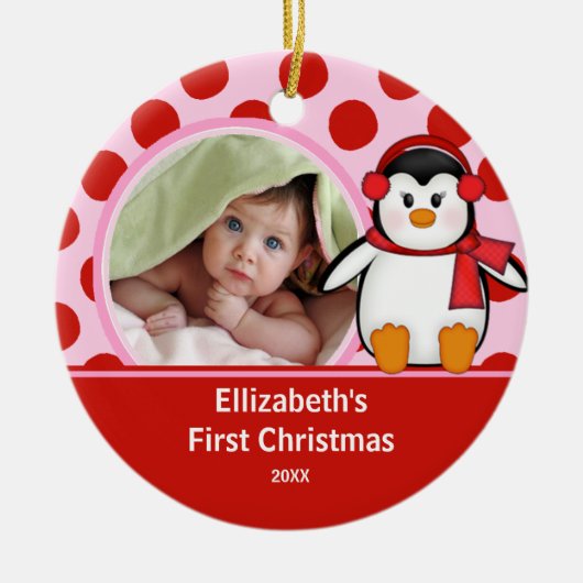 Baby's Eerste Kerstdag Foto Ornament Pinguïn (Voorkant)