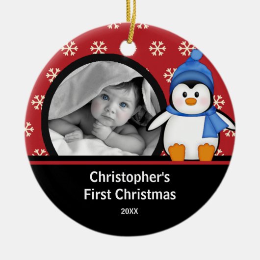 Baby's Eerste Kerstdag Foto Ornament Pinguïn (Voorkant)