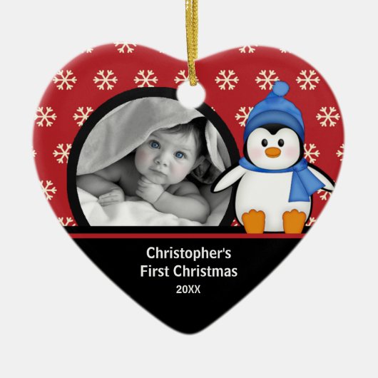 Baby's Eerste Kerstdag Foto Ornament Pinguïn (Voorkant)