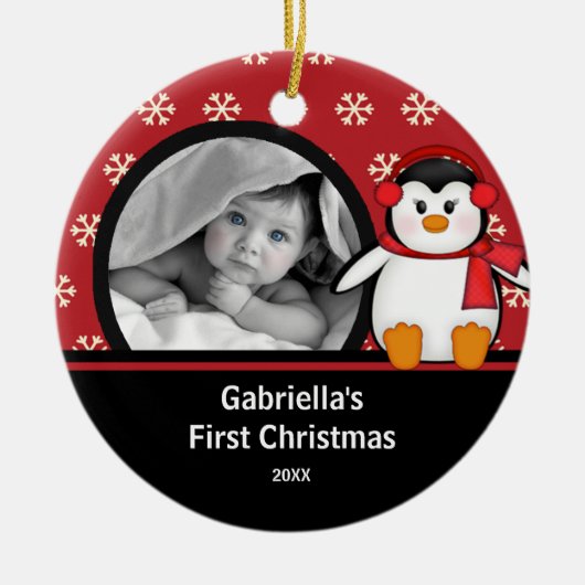 Baby's Eerste Kerstdag Foto Ornament Pinguïn (Voorkant)