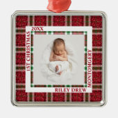Baby's Eerste Kerstdag Foto Plaid Metalen Ornament (Voorkant)