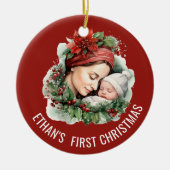 Baby's Eerste Kerstdag Gepersonaliseerde Foto en D Keramisch Ornament (Voorkant)