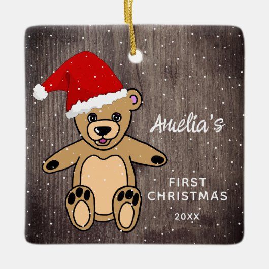 Baby's Eerste Kerstdag Teddy Bear Santa Hat Keramisch Ornament (Voorkant)