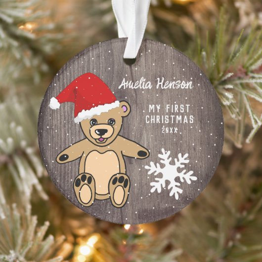 Baby's Eerste Kerstdag Teddy Bear Santa Hat Ornament (Boom)