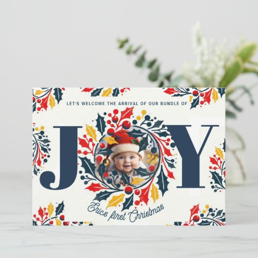 Baby's Eerste Kerstdriekleur JOY krans 2 Feestdagenkaart (Staand voorkant)