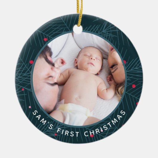 Baby's eerste kerstfeest Aangepaste foto Modern Sp Keramisch Ornament (Voorkant)