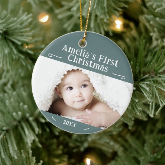 Baby's eerste kerstfeest Eenvoudige foto Keepasje Keramisch Ornament (Boom)