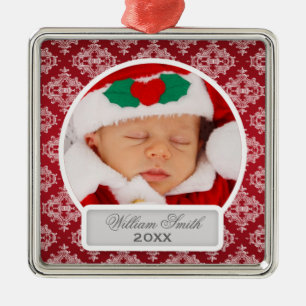 Baby's eerste kerstfeest Elegant Damask Red Metalen Ornament