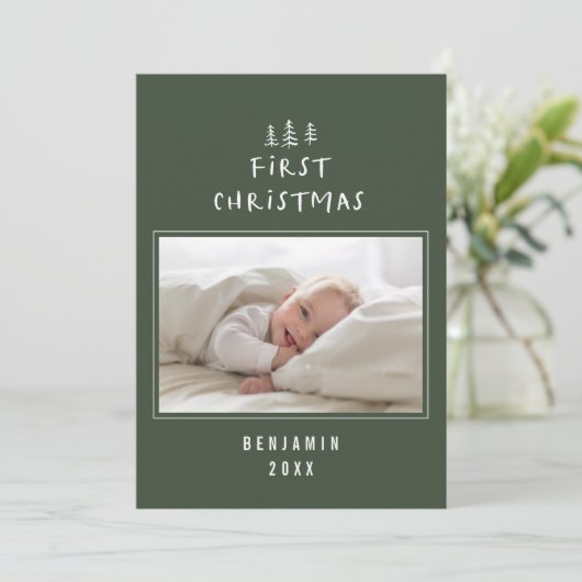 babys eerste kerstfeest elegant getrokken tree fot feestdagenkaart (Staand voorkant)