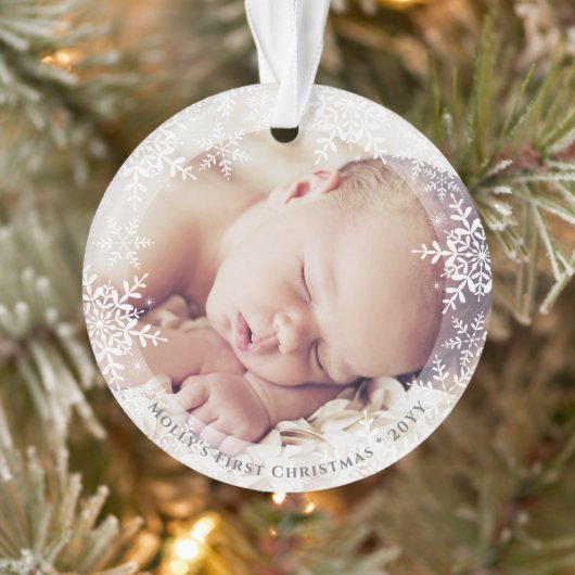 Baby's eerste kerstfeest Elegant Snowflakes Foto Ornament (Boom)