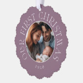 Baby's Eerste Kerstfeest Feestelijke Paarse Famili Ornament Kaart (Links)