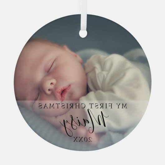 Baby's Eerste Kerstfeest Foto Elegant Script Glas Ornament (Achterkant)