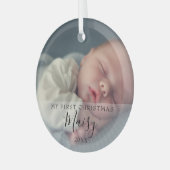 Baby's Eerste Kerstfeest Foto Elegant Script Glas Ornament (Voorkant links)
