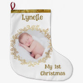 Baby's eerste kerstfeest, foto, naam, goud, wit grote kerstsok (Voorkant)