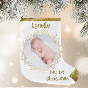 Baby's eerste kerstfeest, foto, naam, goud, wit grote kerstsok