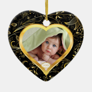 Baby's Eerste Kerstfeest Foto-ornament Heart Black Keramisch Ornament