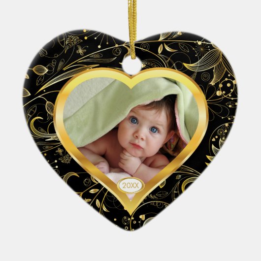 Baby's Eerste Kerstfeest Foto-ornament Heart Black Keramisch Ornament (Voorkant)
