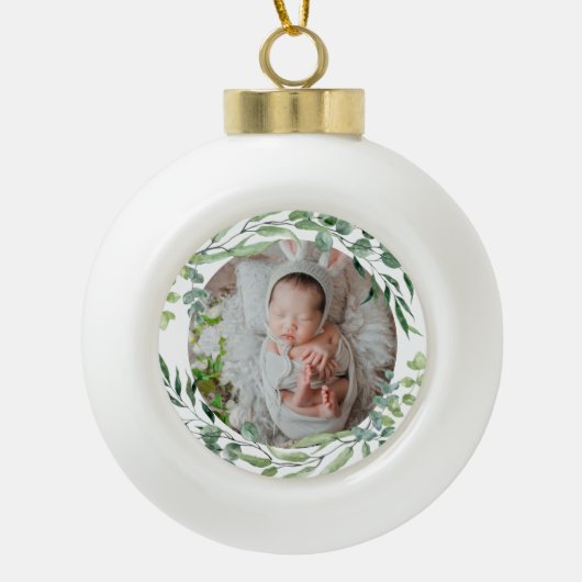 Baby's eerste kerstfeest groen plant lijst keramische bal ornament (Voorkant)