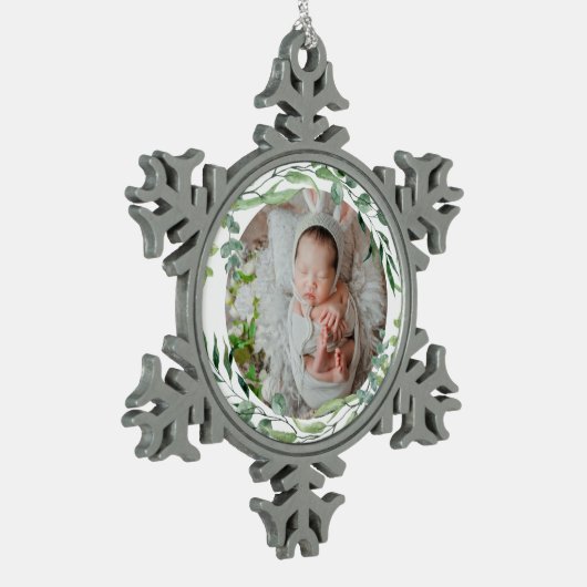 Baby's eerste kerstfeest groen plant lijst tin sneeuwvlok ornament (Links)
