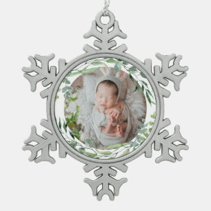 Baby's eerste kerstfeest groen plant lijst tin sneeuwvlok ornament