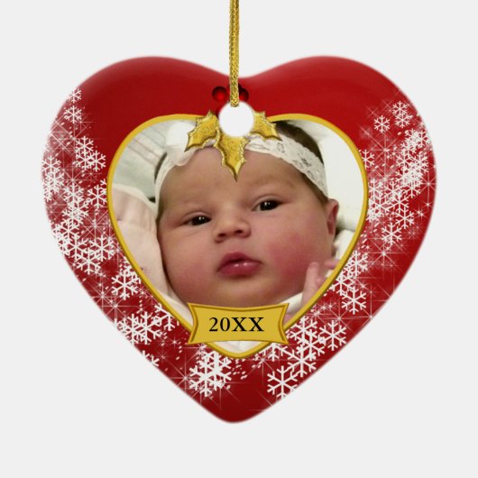 Baby's eerste kerstfeest met gouden lef Foto Keepa Keramisch Ornament (Achterkant)