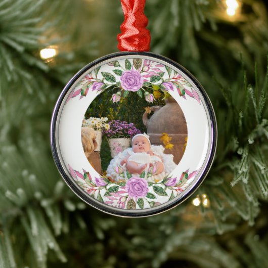 Baby's eerste kerstfeest met lijst van bloemen metalen ornament (Boom)