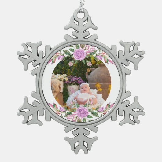 Baby's eerste kerstfeest met lijst van bloemen tin sneeuwvlok ornament (Voorkant)