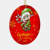 Baby's eerste kerstfeest met snoepriet rood keramisch ornament (Rechts)