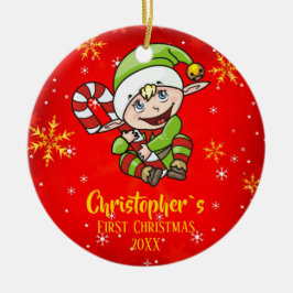 Baby's eerste kerstfeest met snoepriet rood keramisch ornament