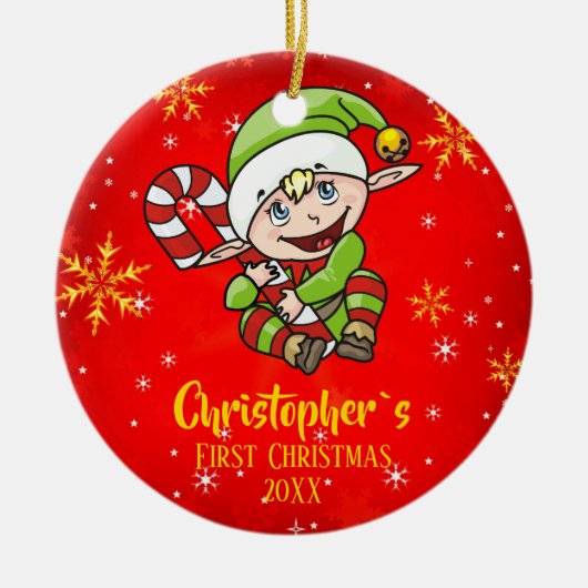 Baby's eerste kerstfeest met snoepriet rood keramisch ornament (Voorkant)