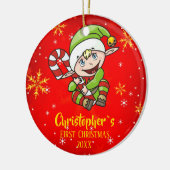 Baby's eerste kerstfeest met snoepriet rood keramisch ornament (Links)