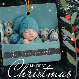 Baby's eerste kerstfeest Moderne lintfoto Keramisch Ornament