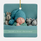 Baby's eerste kerstfeest Moderne lintfoto Keramisch Ornament (Achterkant)