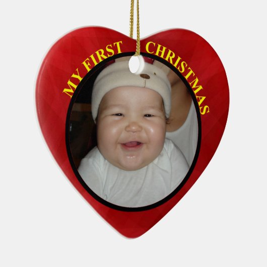 Baby's Eerste Kerstfeest Rood-hartfoto-versiering Keramisch Ornament (Rechts)