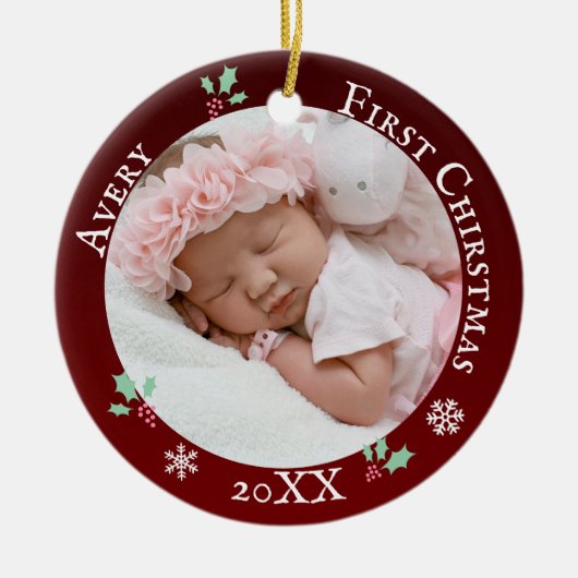 Baby's eerste kerstfeest Rustic red douanenaam Keramisch Ornament (Voorkant)