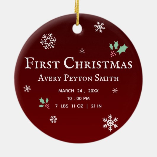 Baby's eerste kerstfeest Rustic red douanenaam Keramisch Ornament (Achterkant)