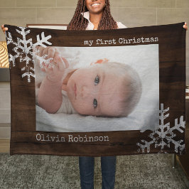 Baby's eerste kerstfeest Rustic Wood Foto Snowflak Fleece Deken