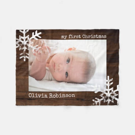 Baby's eerste kerstfeest Rustic Wood Foto Snowflak Fleece Deken (Voorkant (Horizontaal))