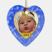 Baby's eerste kerstfeest Snowy Gold en blauwe foto Keramisch Ornament (Rechts)