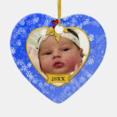 Baby's eerste kerstfeest Snowy Gold en blauwe foto Keramisch Ornament (Voorkant)