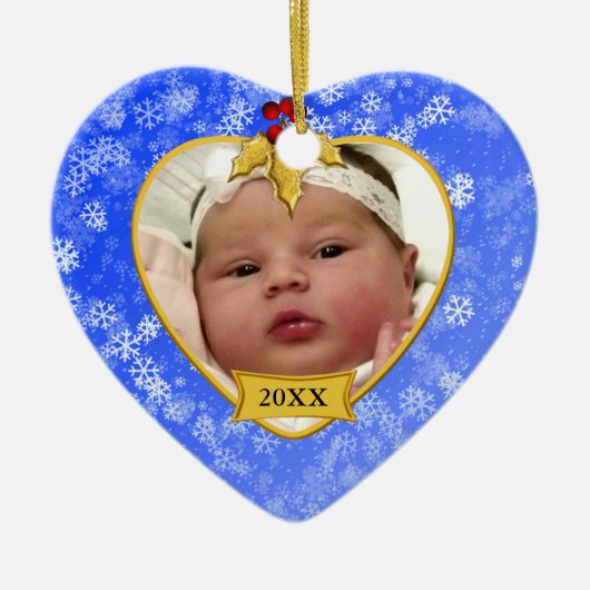 Baby's eerste kerstfeest Snowy Gold en blauwe foto Keramisch Ornament (Voorkant)